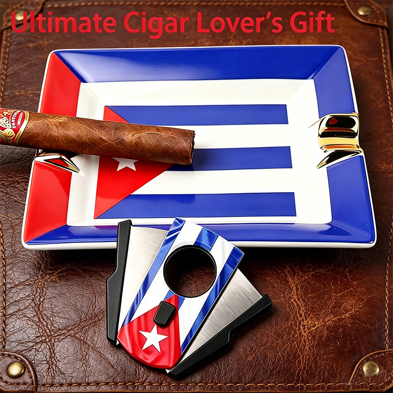 Cigar Cutter Set - Cigar Set with Cuban Flag，Stainless steel