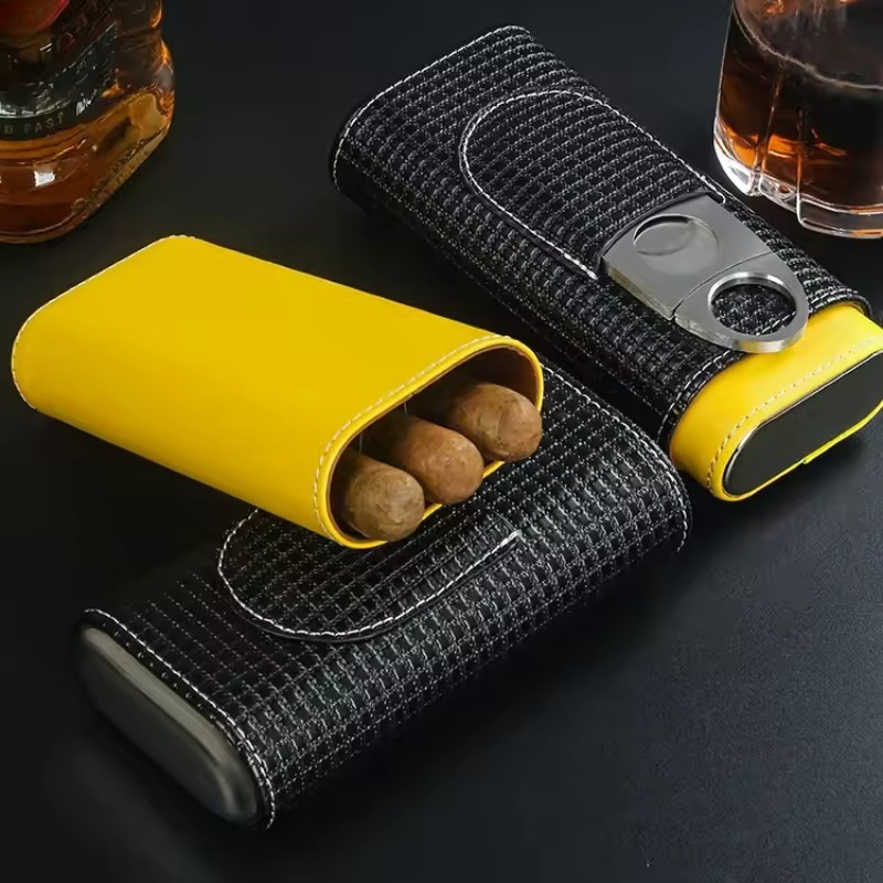 Portable Leather Cigar Humidor - Cigar Cutter Set 评论和价格